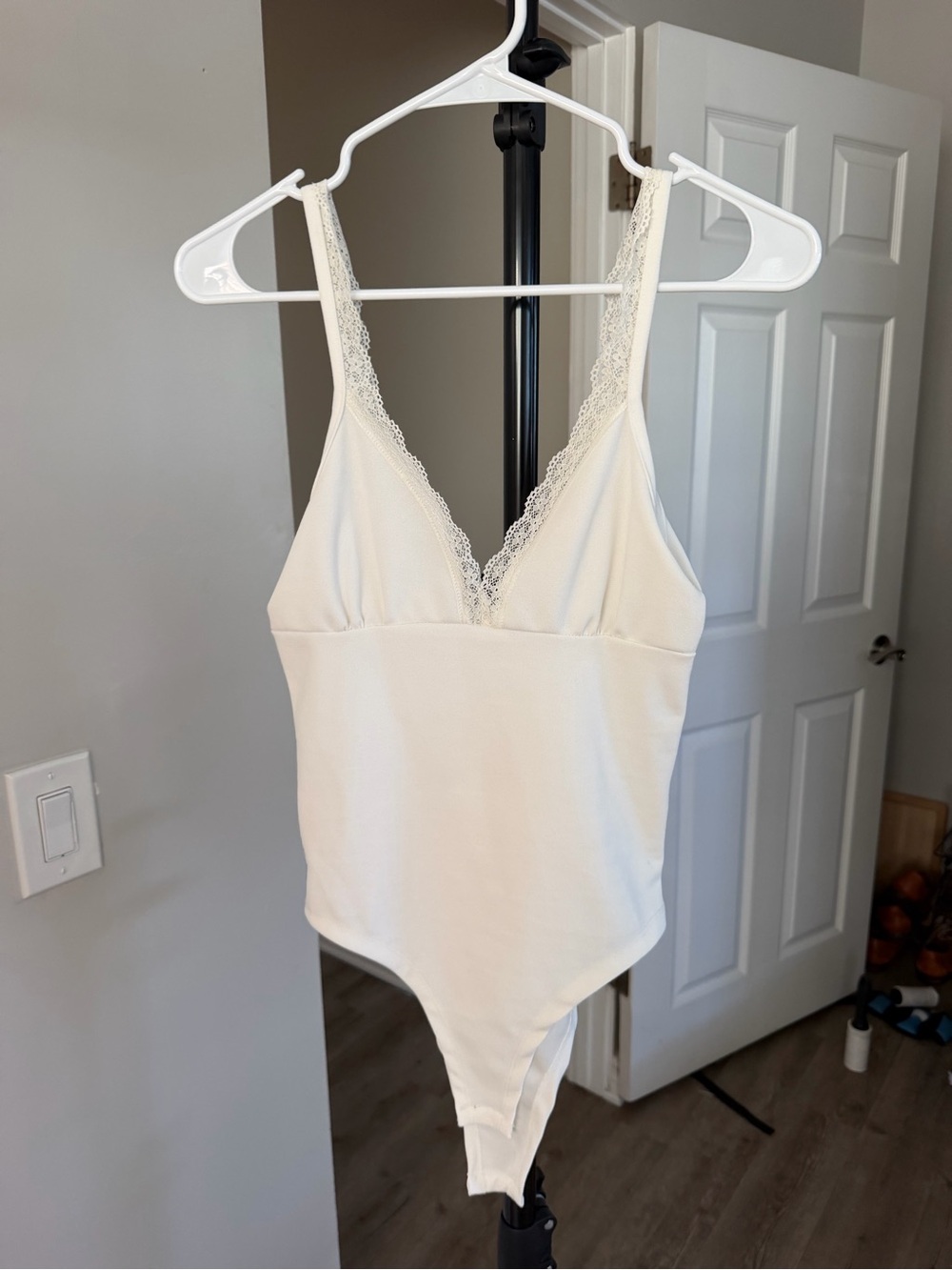 V-Neck Lace Trim Bodysuit - Cream